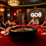 Engaging players strategizing at a GO8 casino table filled with poker chips and cards.