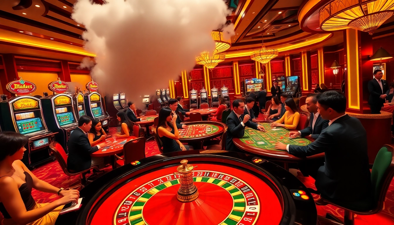 Visualizing Giải mã giấc mơ in an elegant casino setting with excited gamblers at the roulette table.