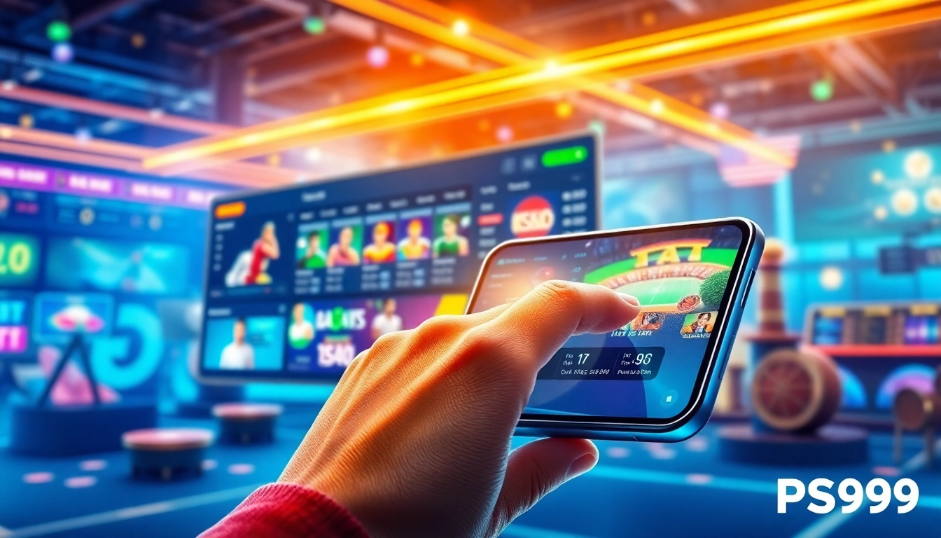 Engaging online betting interface showcasing PS99 with vibrant graphics and a user interacting on a mobile device.