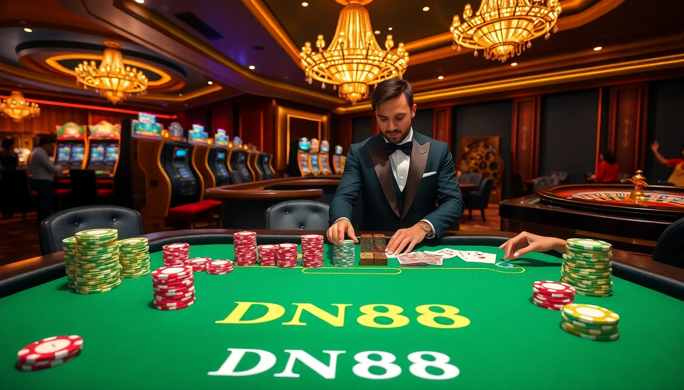 Engage with the luxurious DN88 poker table featuring vibrant chips and lively players at a casino.