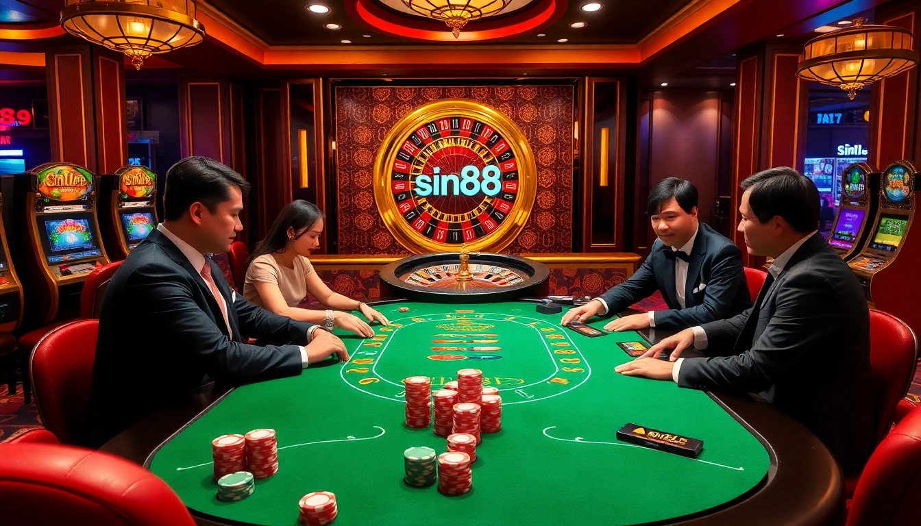 Experience thrilling gaming at sin88's elegant casino tables with excited players and vibrant slot machines.