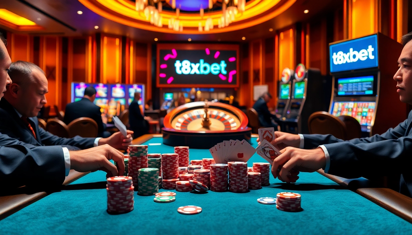 Experience excitement at a luxurious casino with scenes of poker and tải 8xbet integration.