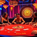 Engaging players strategizing at a Fly88-themed poker table in a luxurious casino setting.