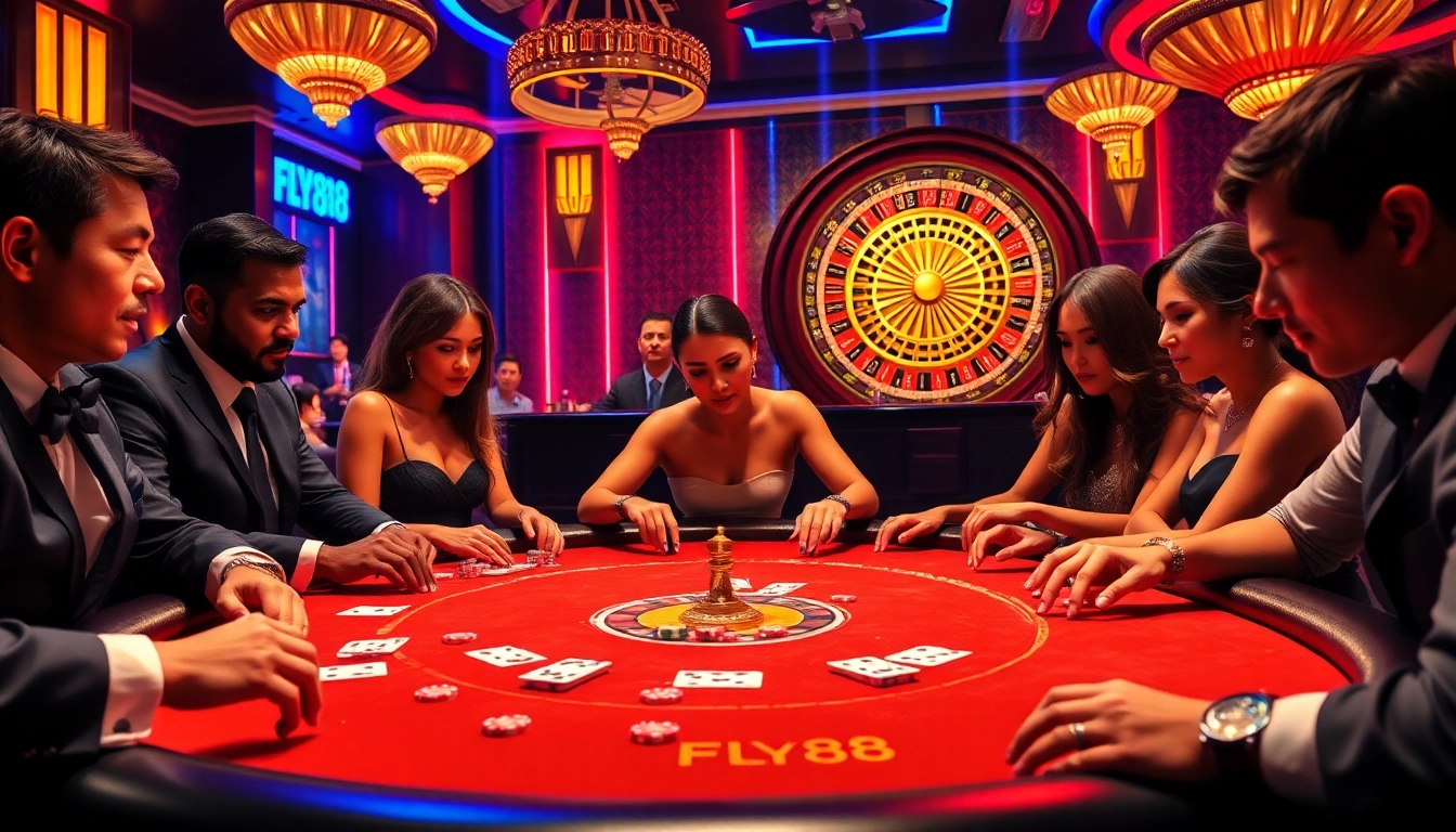 Engaging players strategizing at a Fly88-themed poker table in a luxurious casino setting.