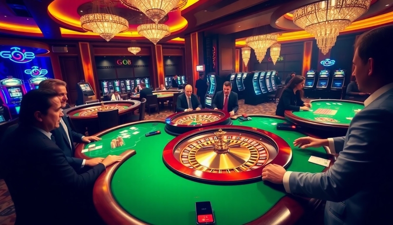 Exciting gameplay at the GO8 casino with elegant poker tables and roulette wheel.