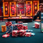 Apostadores de 488bet realizando apuestas en una mesa de casino de lujo con fichas de póker y cartas.