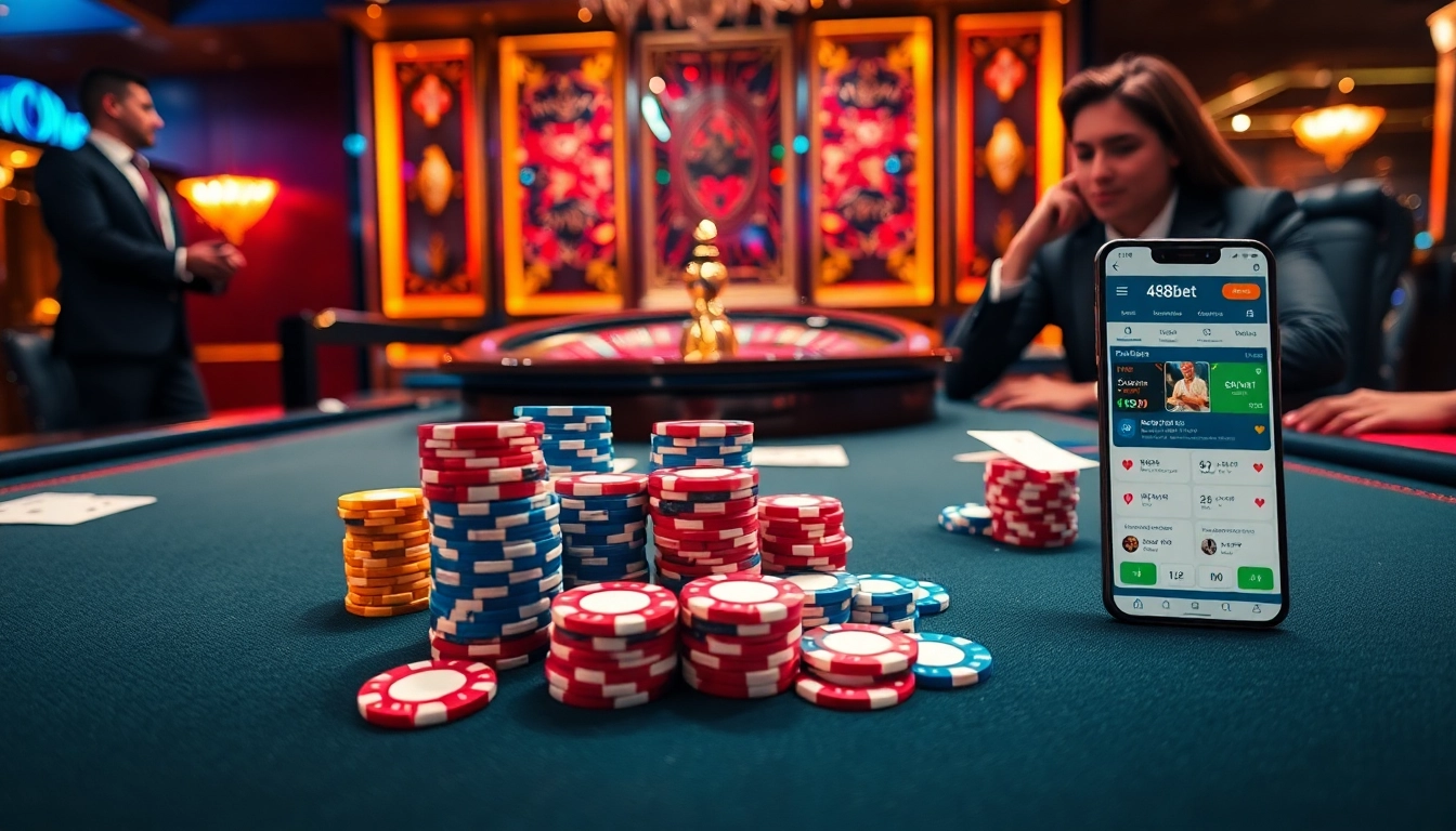 Apostadores de 488bet realizando apuestas en una mesa de casino de lujo con fichas de póker y cartas.