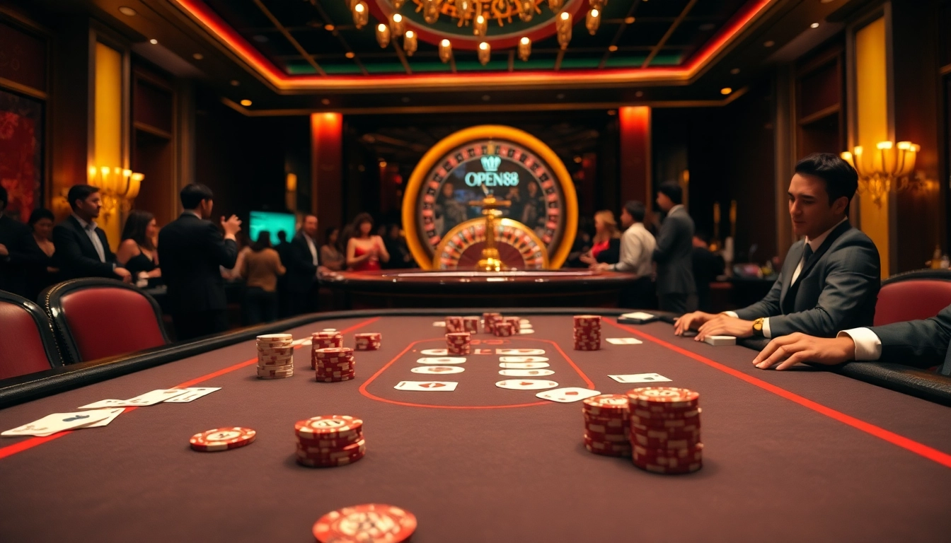 OPEN88 poker table brimming with high-stakes excitement and vibrant casino energy.