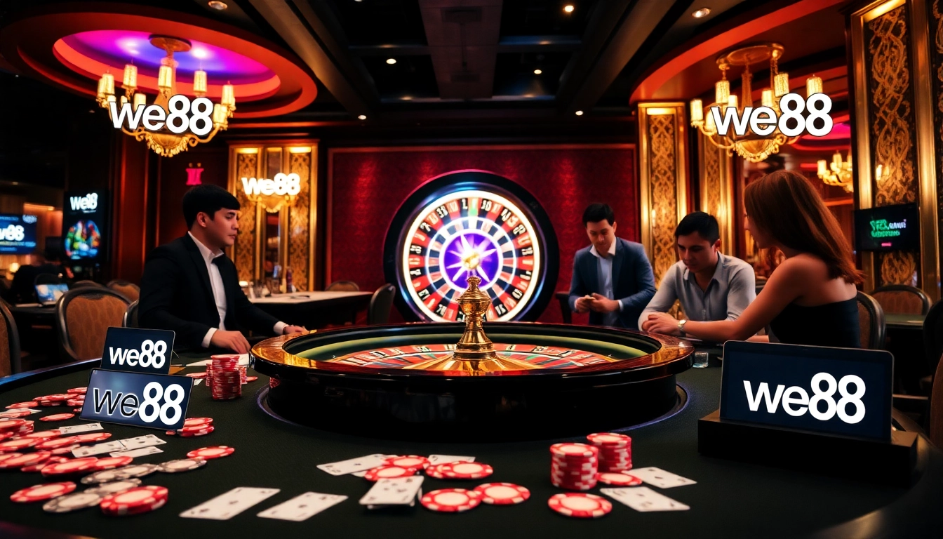 Players enjoying a vibrant poker game scene at We88, showcasing excitement and luxury in online gambling.
