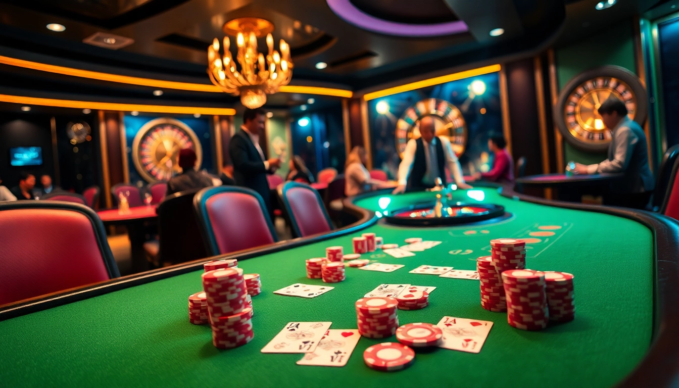 Join the thrilling action at https://okfunb.com/ with professional dealers at a vibrant poker table.