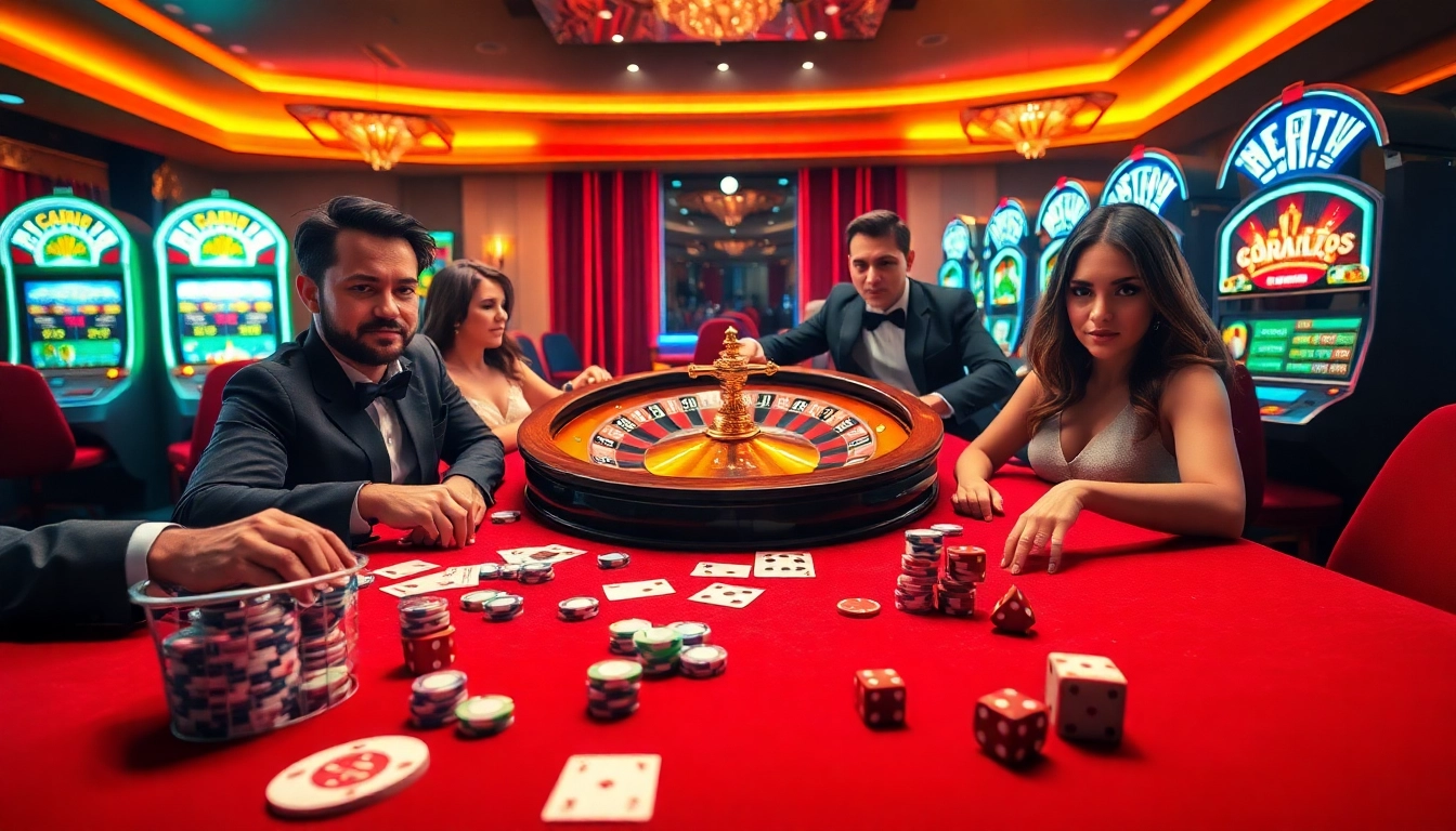 Exciting casino atmosphere with players betting on cards and roulette, showcasing uu88's vibrant gaming experience.