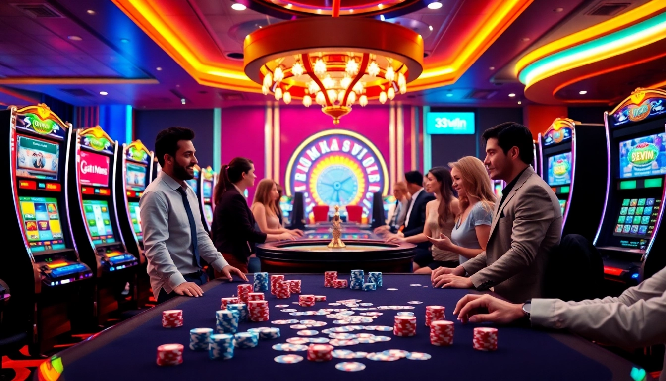 Players enjoy thrilling casino games at 33Win, with poker chips and a roulette wheel featuring prominently.