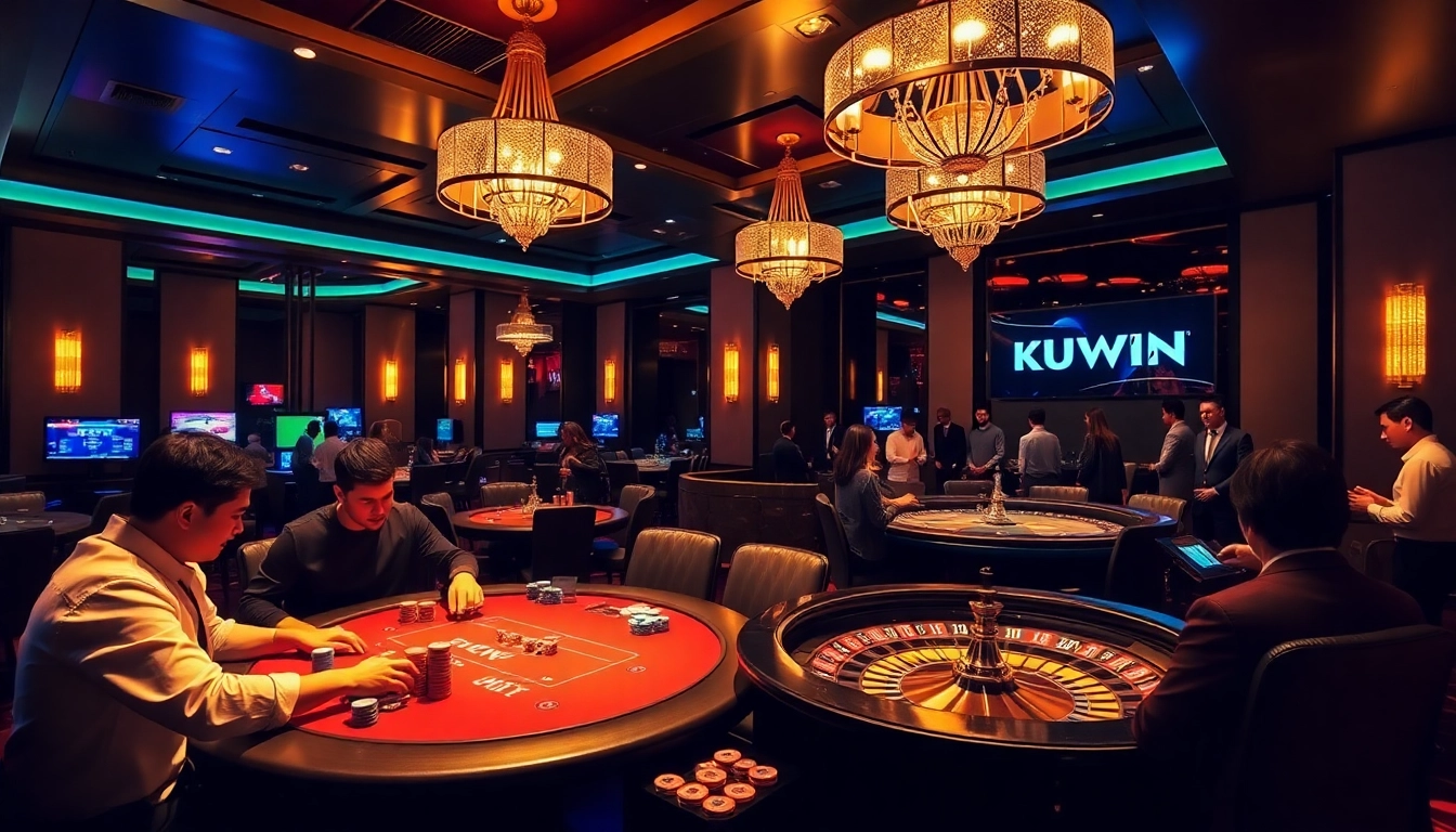 KUWIN players enjoying high-stakes poker with chips and roulette in a luxurious casino setting.