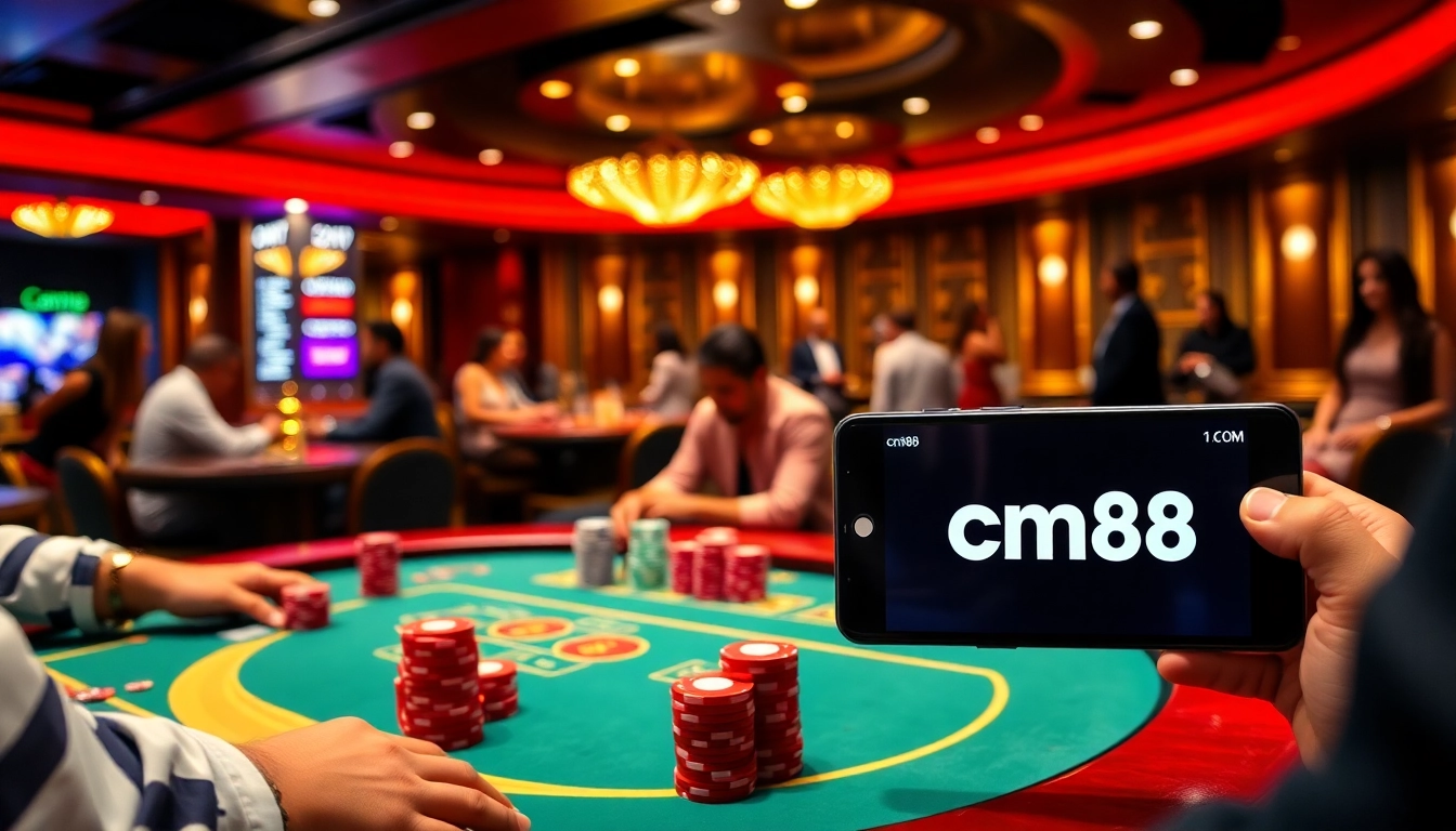 Experience high-stakes poker and thrilling action at cm88 com in this luxurious casino scene.