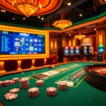 Una escena de casino vibrante que destaca elementos de juego de 600bet con fichas de póker lujosas y una ruleta.