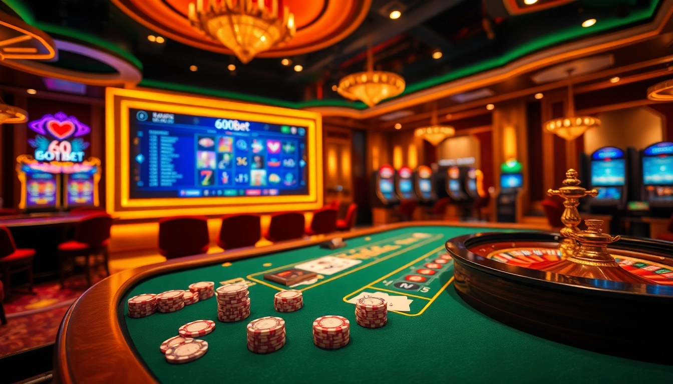 Una escena de casino vibrante que destaca elementos de juego de 600bet con fichas de póker lujosas y una ruleta.