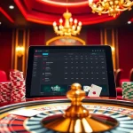 Engaging keo nha cai betting scene with poker chips and digital tablet in a luxurious casino.