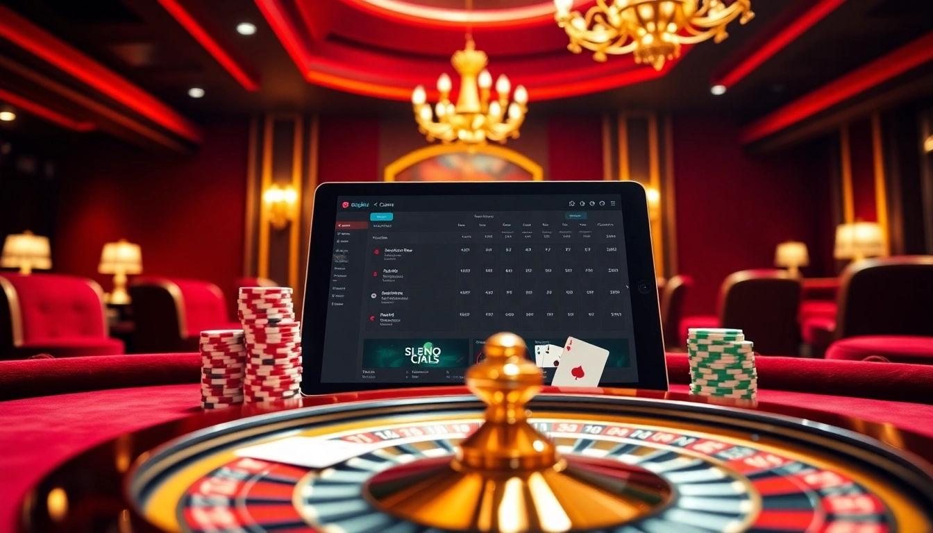 Engaging keo nha cai betting scene with poker chips and digital tablet in a luxurious casino.
