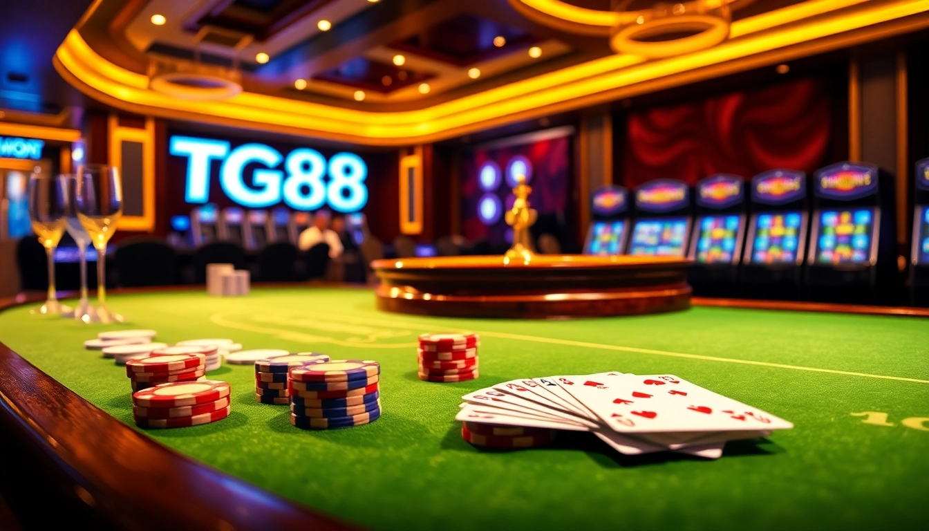 Experience an exciting TG88 casino scene with vibrant poker chips and luxury elements.