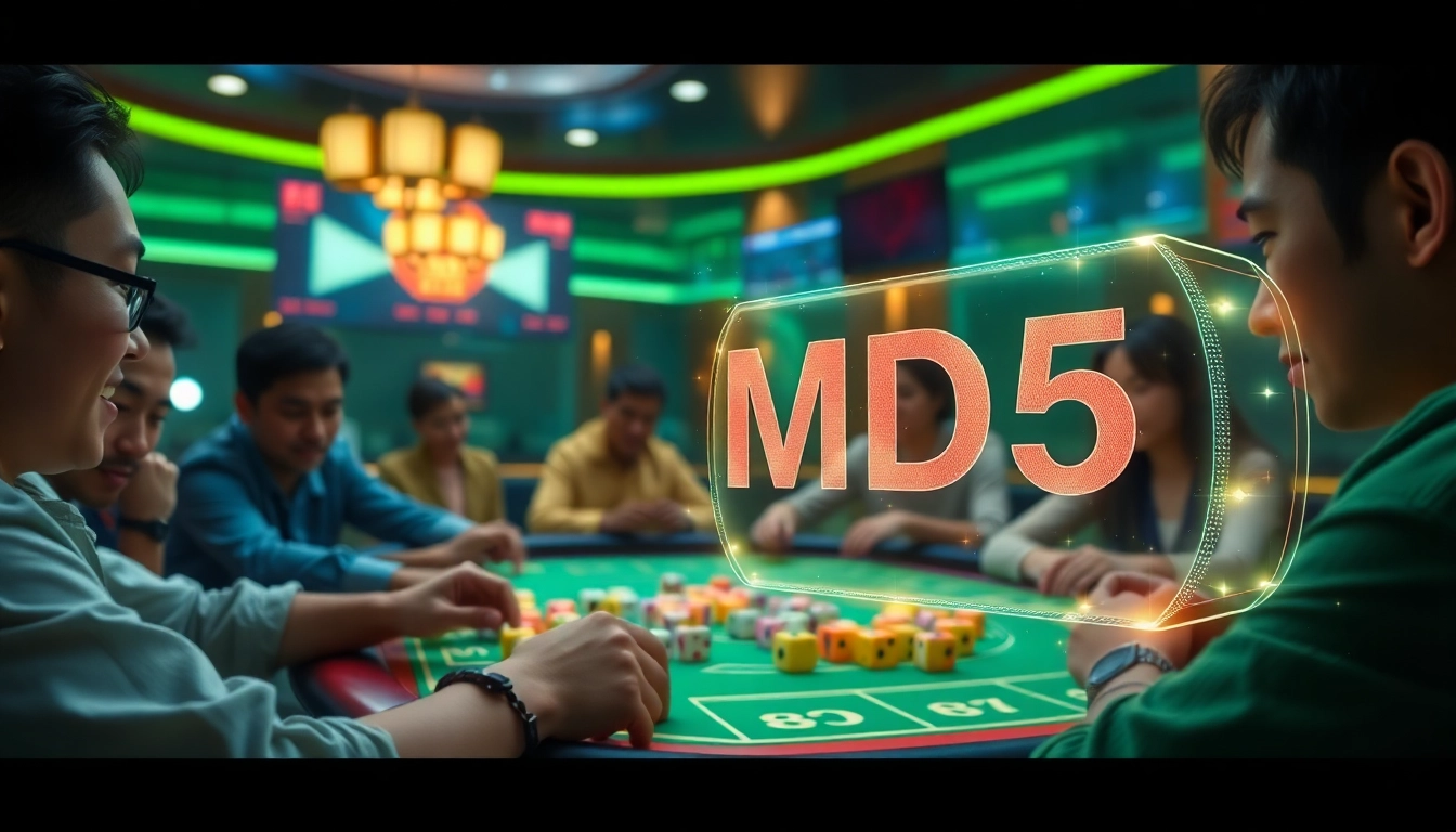 Tài Xỉu MD5 game with vibrant dice and digital interface, showcasing excitement and transparency.