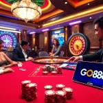 GO88 poker players competing at an upscale casino table surrounded by vibrant gaming elements.
