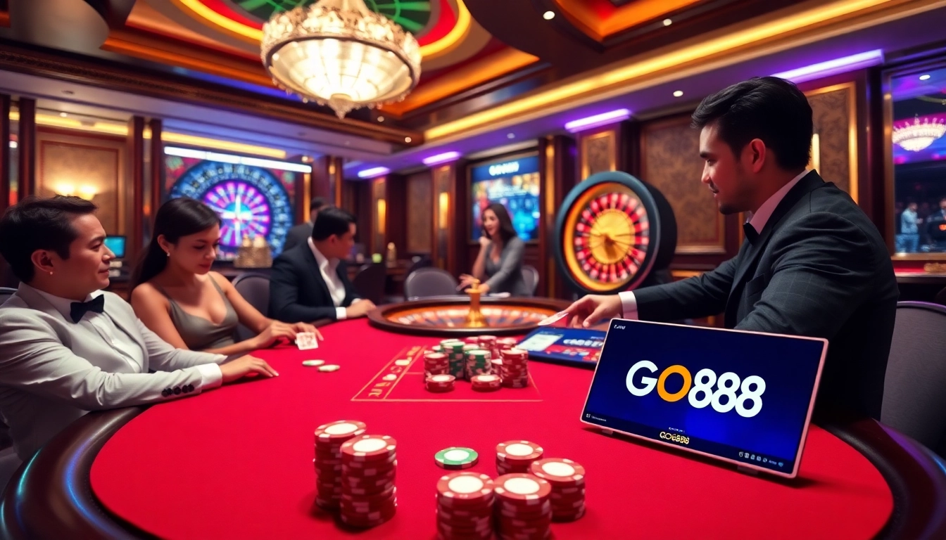 GO88 poker players competing at an upscale casino table surrounded by vibrant gaming elements.