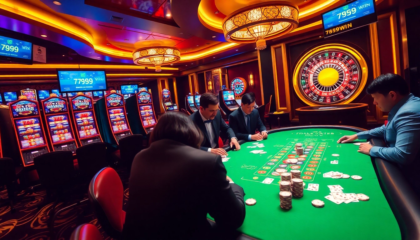 Engaged gamblers strategizing at a vibrant casino table with 789win betting options visible.