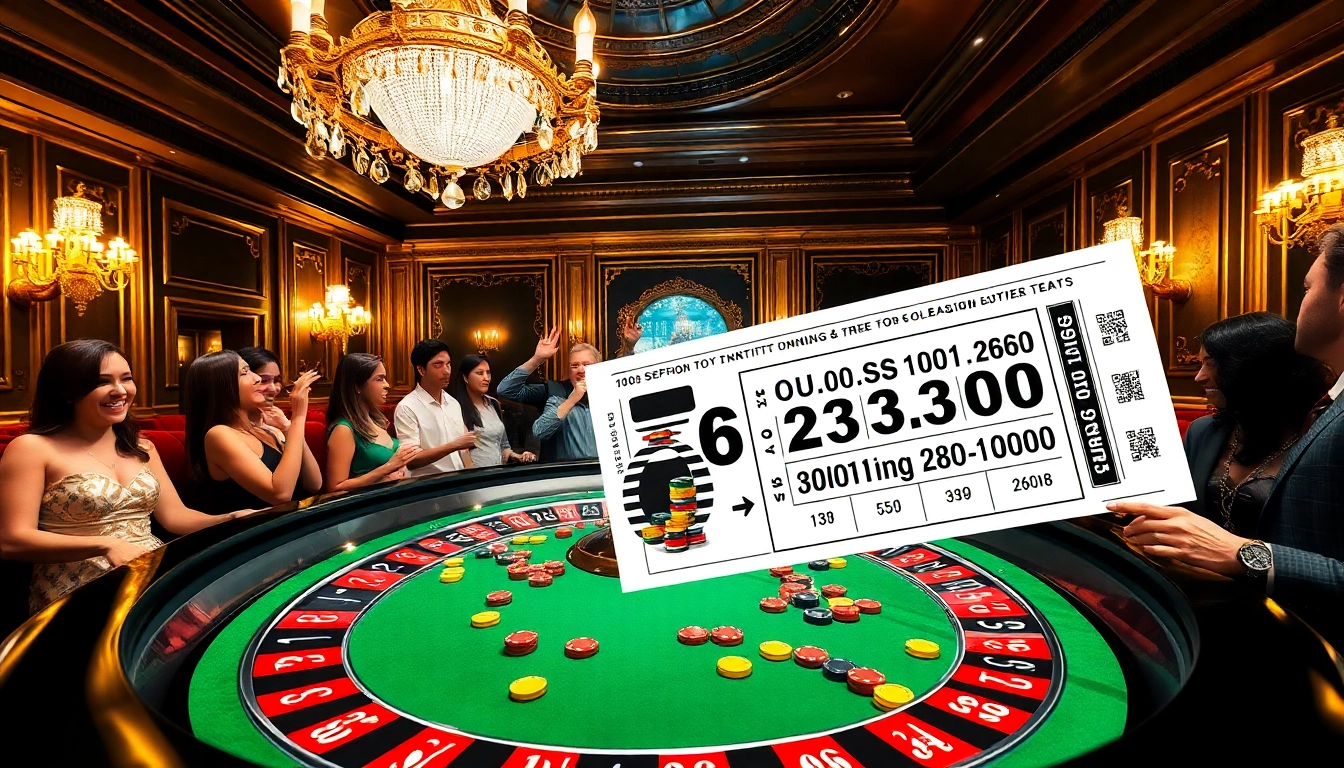 An explosion of a prize-winning lottery moment at a luxurious casino with excited gamblers around a roulette table.