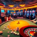 Experience the thrill of 68 game bài at an upscale casino setting with poker tables and festive atmosphere.