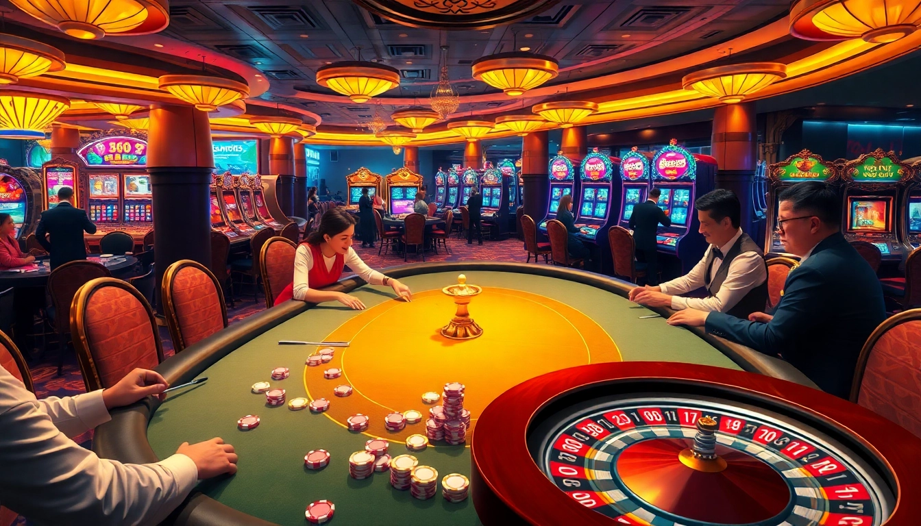 Experience the thrill of 68 game bài at an upscale casino setting with poker tables and festive atmosphere.