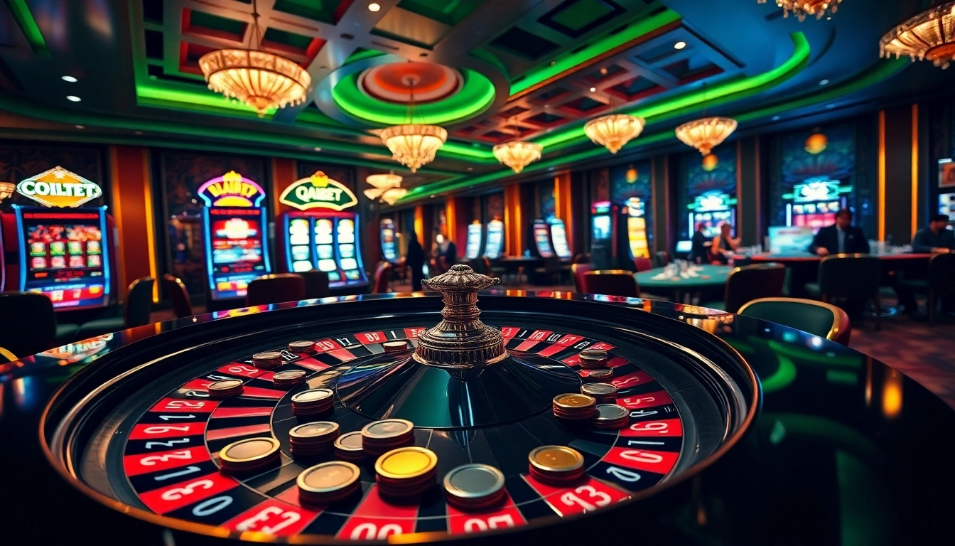 SOIBET vibrant casino scene with roulette, slot machines, and engaged players creating excitement.