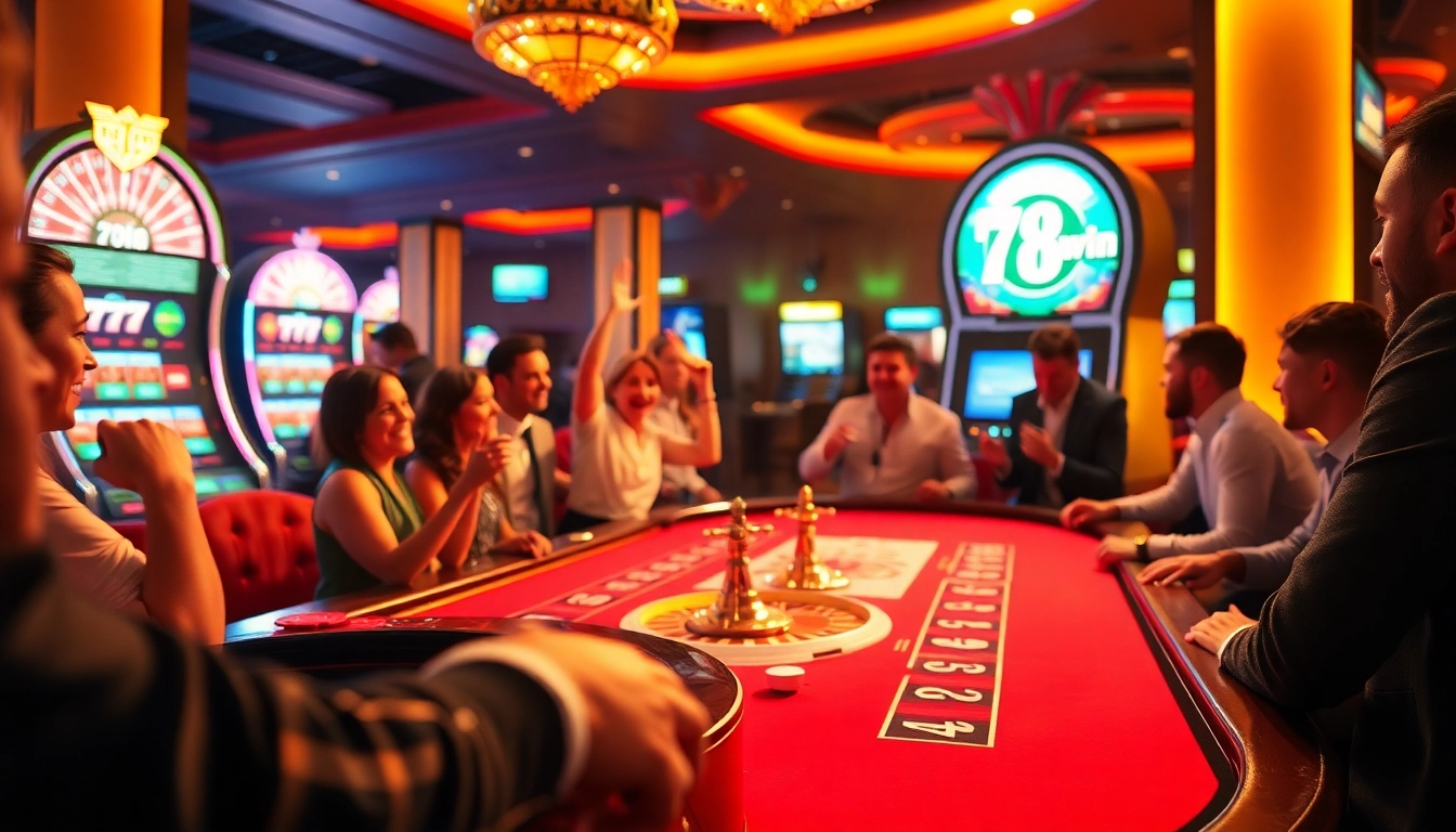 Players celebrating a win at 78win casino table with chips and roulette wheel.
