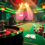 Exciting casino scene with rr88 branding featuring roulette wheel, poker chips, and cards
