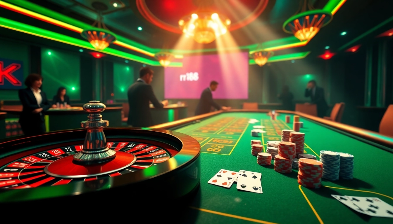 Exciting casino scene with rr88 branding featuring roulette wheel, poker chips, and cards