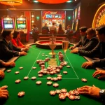 Kuwin players enjoy a thrilling game at a luxurious poker table surrounded by slot machines and a vibrant roulette wheel.