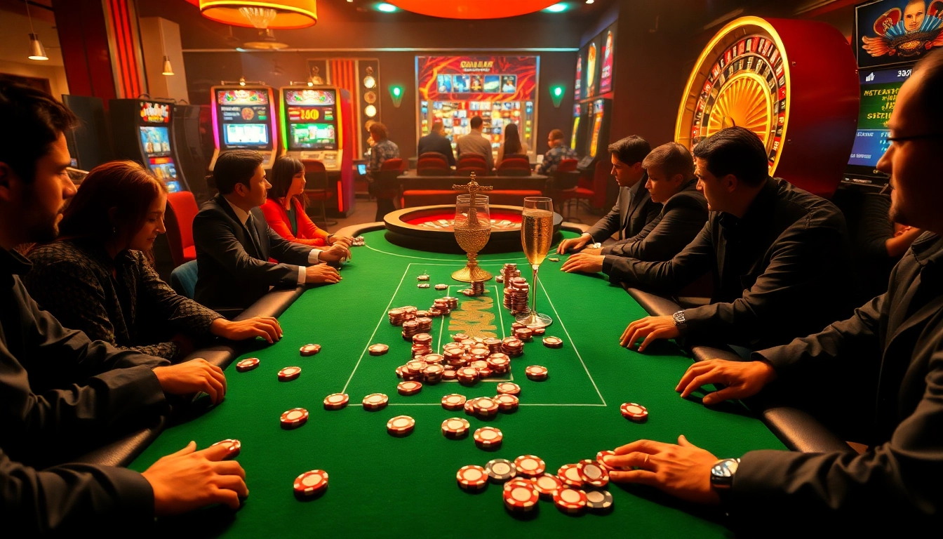 Kuwin players enjoy a thrilling game at a luxurious poker table surrounded by slot machines and a vibrant roulette wheel.