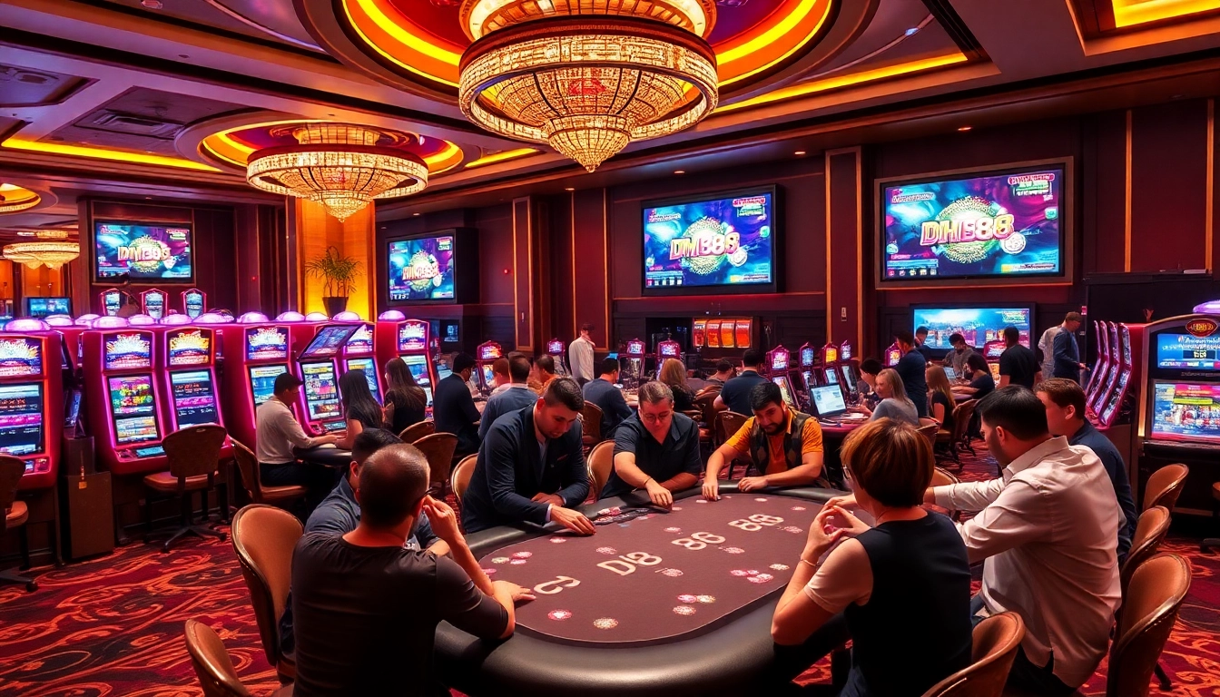 DH88 themed casino table with vibrant gambling elements and engaged players.