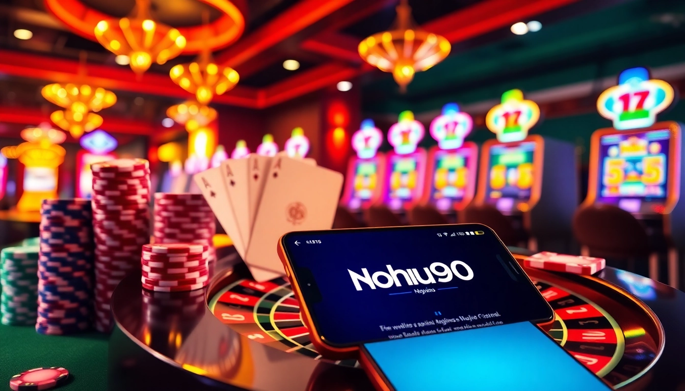 Nohu90 online casino interface showcasing vibrant slot machines and poker chips.