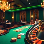 Experience the thrill of game bài đổi thưởng at an upscale casino with poker tables and roulette.