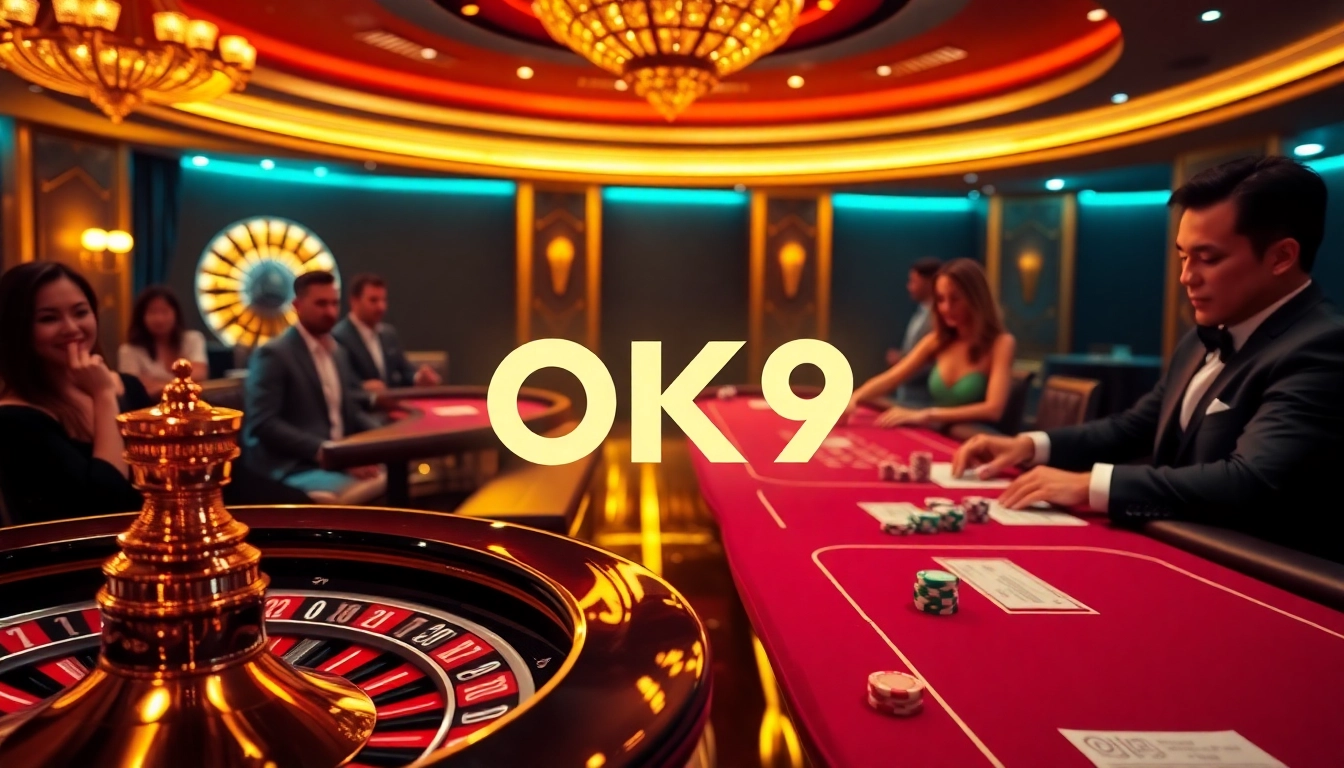 Players engage in intense poker action at a luxurious casino, highlighting the thrill of OK9 gaming.