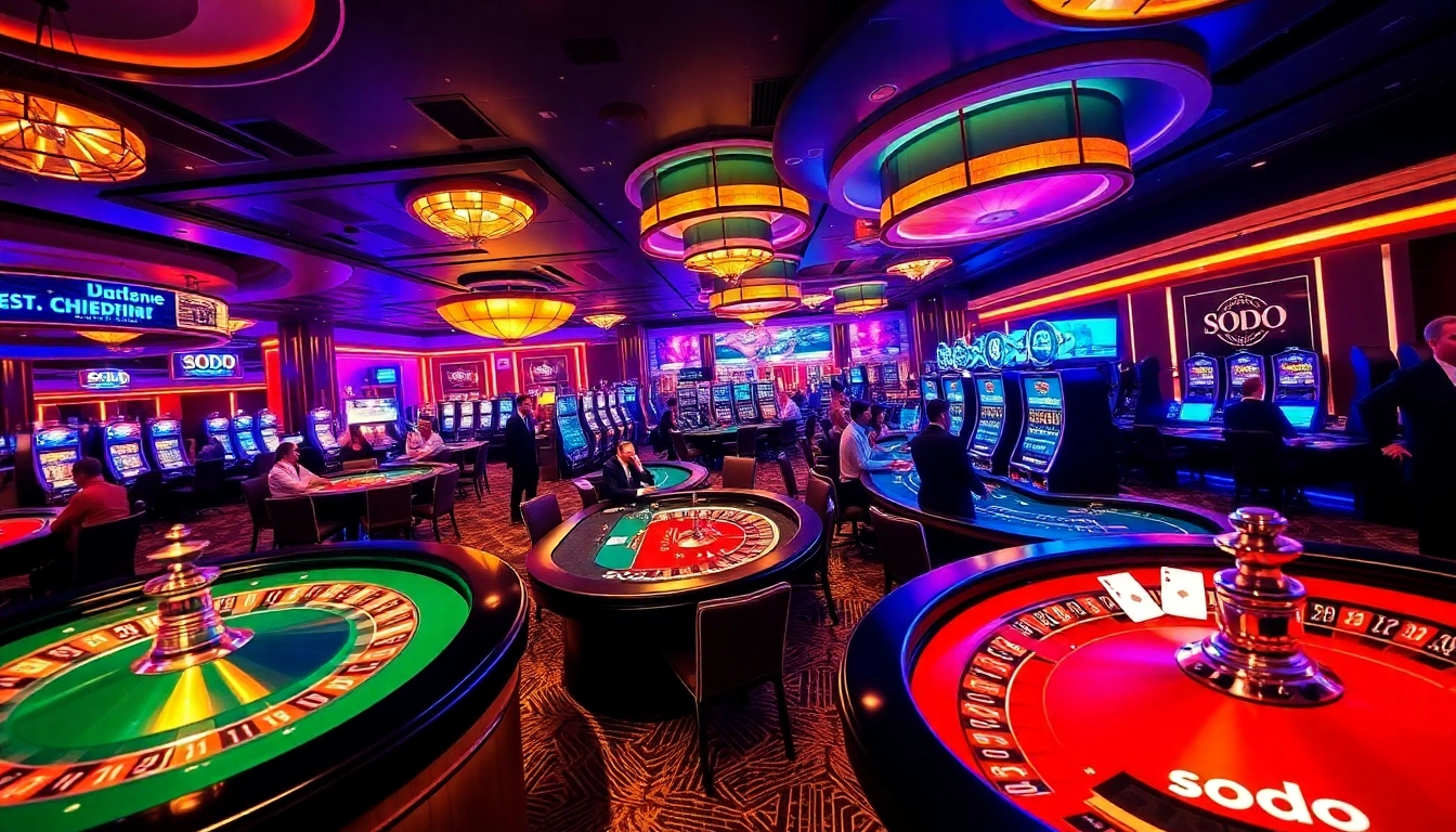 SODO Casino showcases luxury gameplay at vibrant gaming tables with roulette and poker chips.
