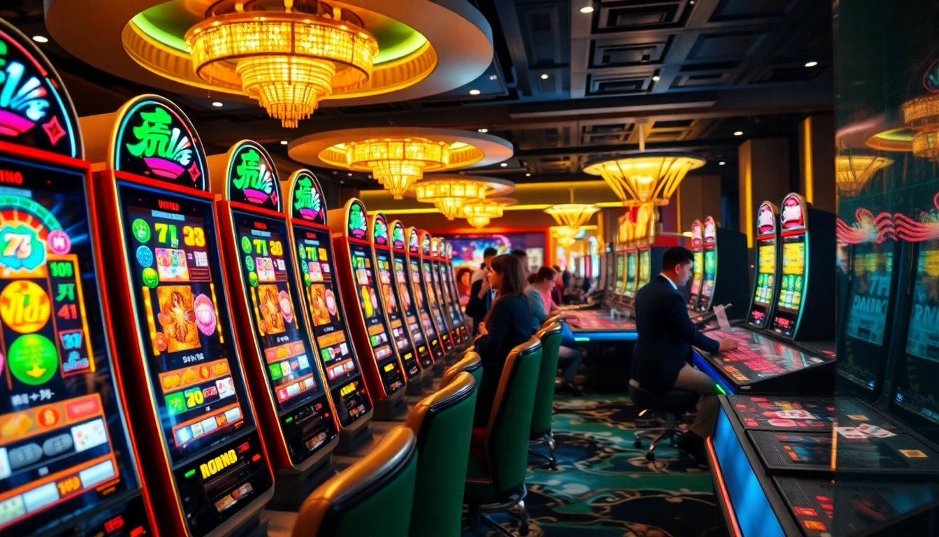 Experience the thrill of nổ hũ as players engage with vibrant slot machines in a luxurious casino.