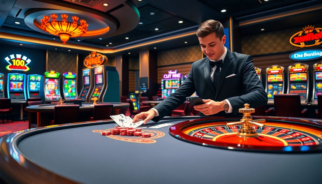 Win88 online casino interface showcasing vibrant poker and slot games in a luxurious setting.