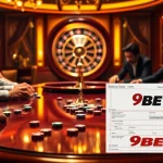 Players engaged in a thrilling poker game at 9BET casino, showcasing excitement and luxury.