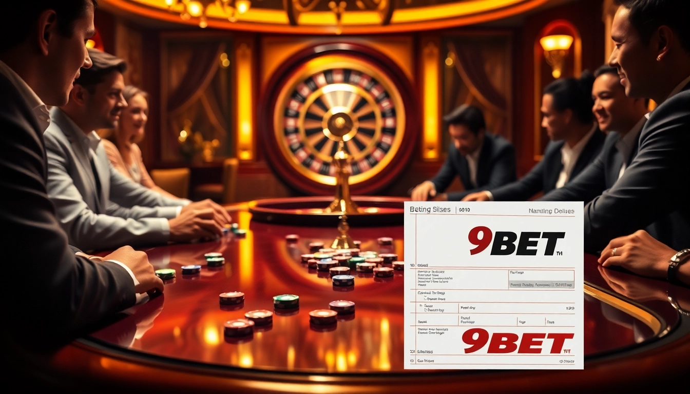 Players engaged in a thrilling poker game at 9BET casino, showcasing excitement and luxury.