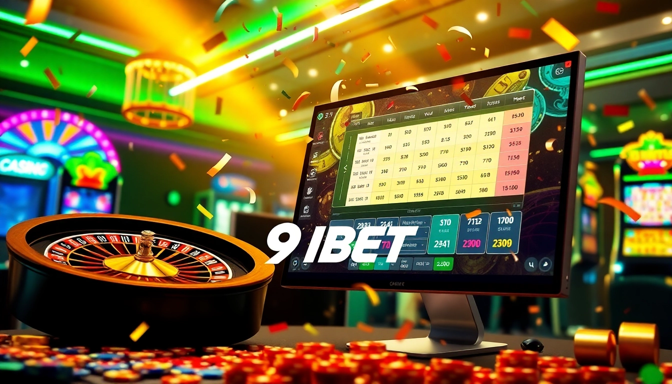 Celebrating a jackpot win at 9BET online casino with vibrant slot machines and festive atmosphere.