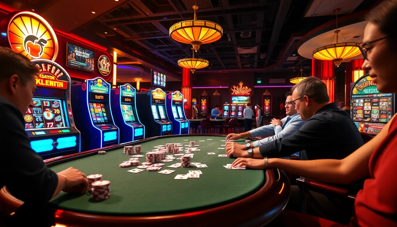 Exciting casino vibe showcasing tt88 poker table, slot machines, and roulette.