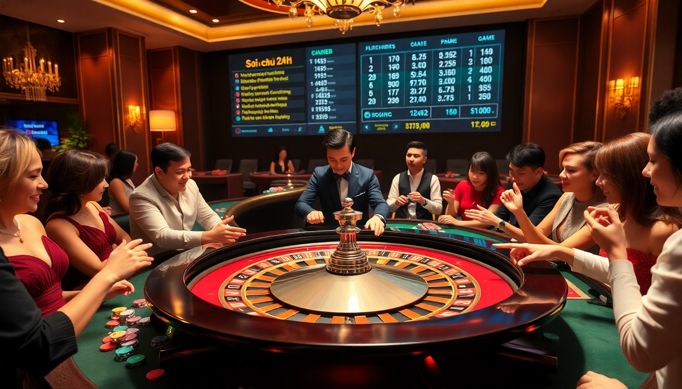 Soi cầu 24h betting enthusiasts engage at a luxurious roulette table, highlighting excitement in a casino.