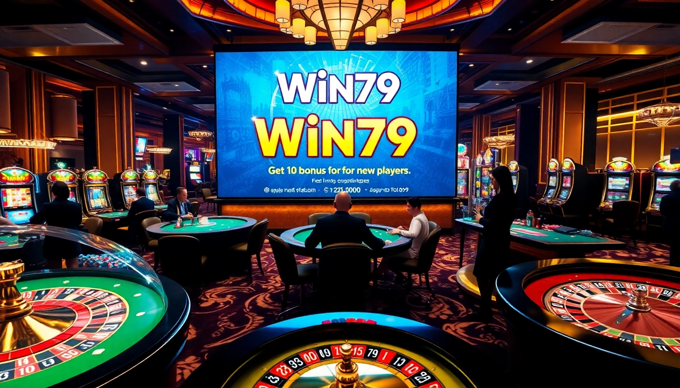 Engage with Win79 at a luxurious casino filled with vibrant gaming tables and excitement.