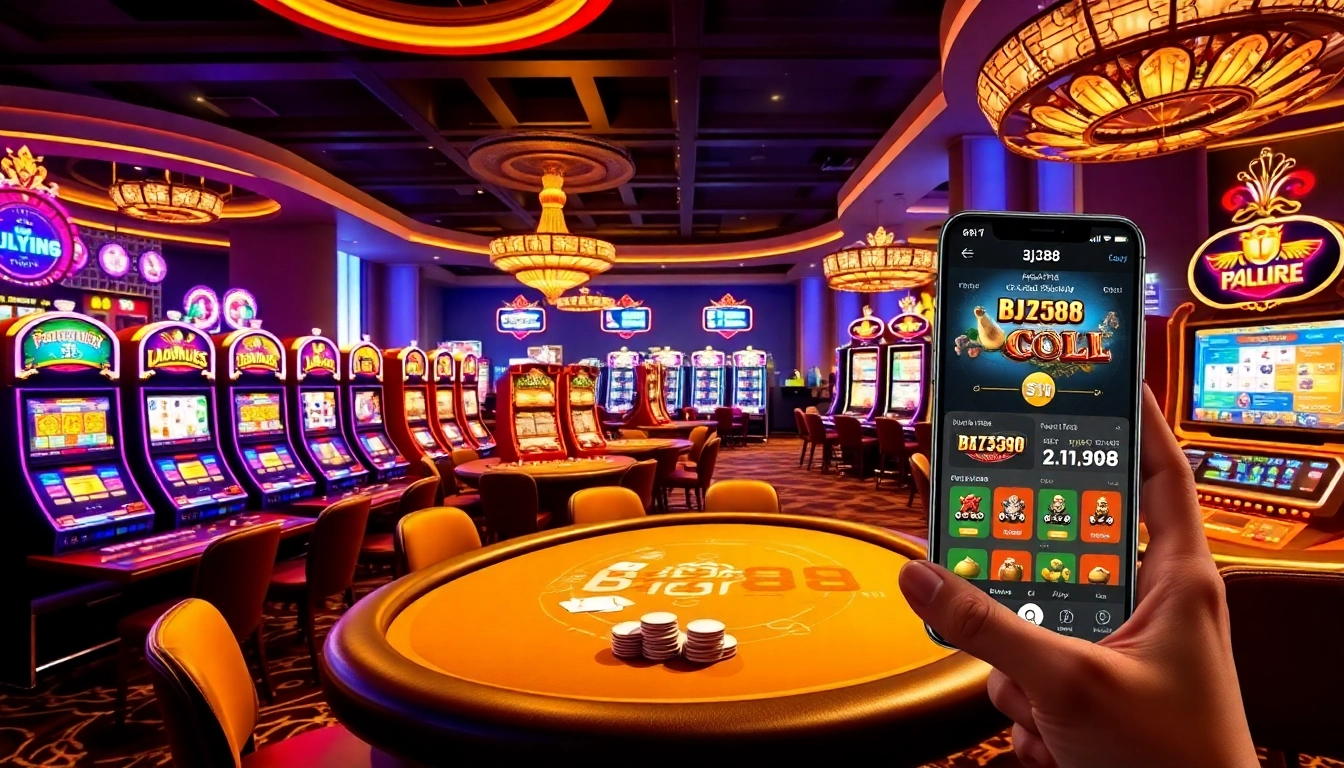 Experience the excitement of BJ388 with vibrant casino elements like tables and slot machines.